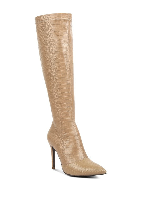 Croc-Textured Stiletto Knee-High Boots - Undeniably LUXE