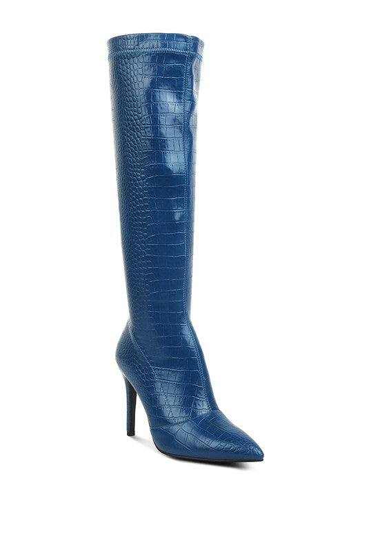 Croc-Textured Stiletto Knee-High Boots - Undeniably LUXE