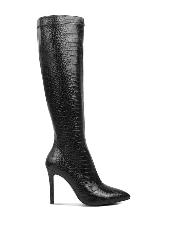 Croc-Textured Stiletto Knee-High Boots - Undeniably LUXE