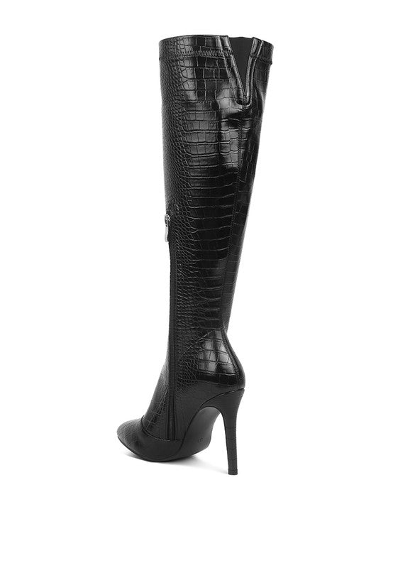 Croc-Textured Stiletto Knee-High Boots - Undeniably LUXE