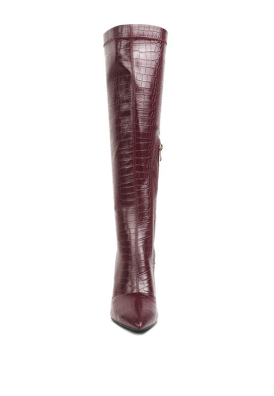 Croc-Textured Stiletto Knee-High Boots - Undeniably LUXE