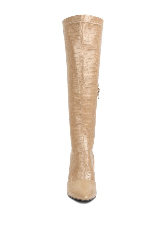 Croc-Textured Stiletto Knee-High Boots - Undeniably LUXE