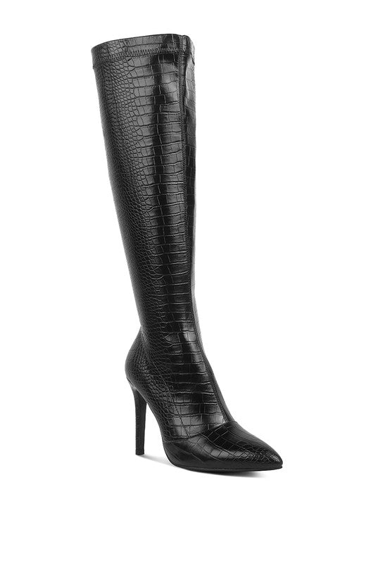 Croc-Textured Stiletto Knee-High Boots - Undeniably LUXE