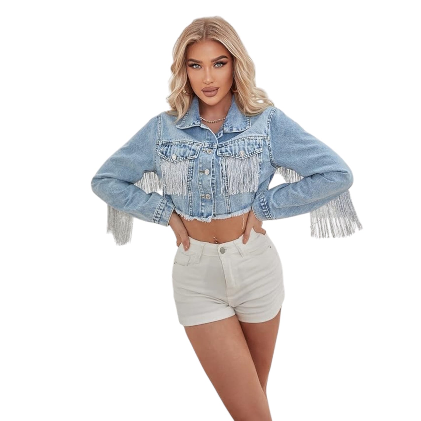 Women’s Crop Denim Jacket Tassel Casual Jean Coat With Fringe