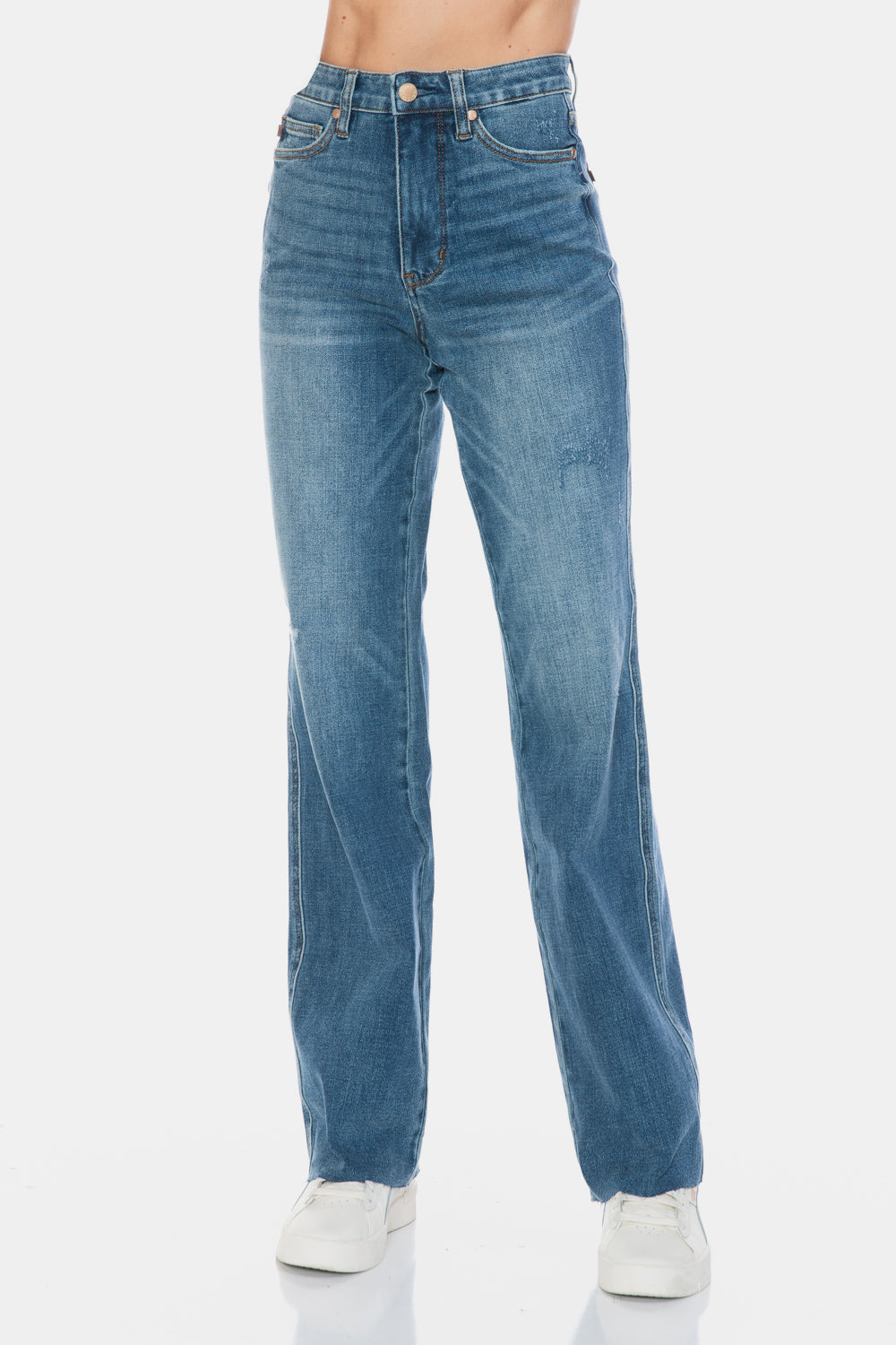 Judy Blue Full Size Tummy Control Cut Raw Hem Straight Jeans - Undeniably LUXE