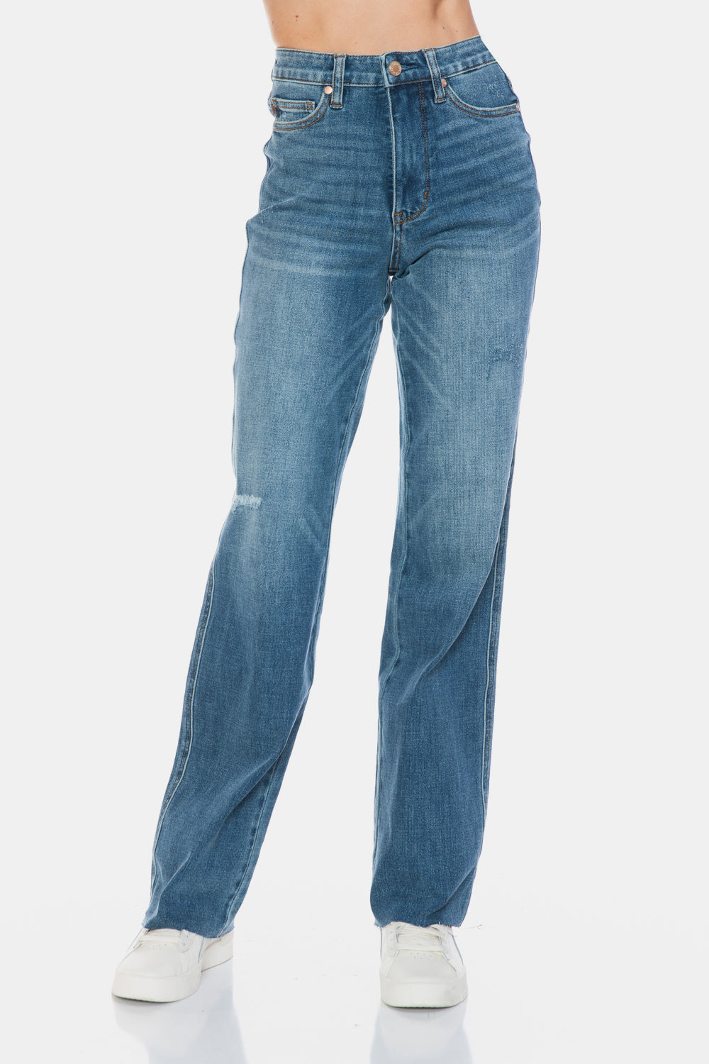 Judy Blue Full Size Tummy Control Cut Raw Hem Straight Jeans - Undeniably LUXE