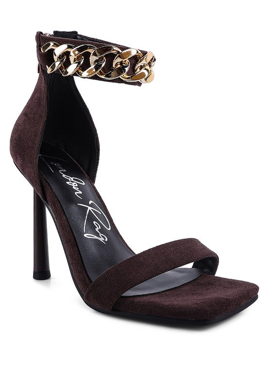 LAST SIP HEELED FAUX SUEDE CHAIN STRAP SANDAL - Undeniably LUXE