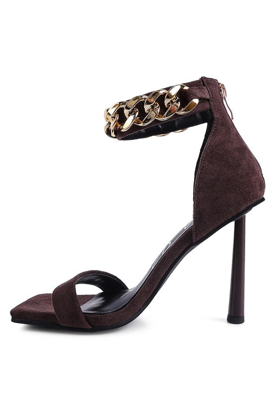 LAST SIP HEELED FAUX SUEDE CHAIN STRAP SANDAL - Undeniably LUXE