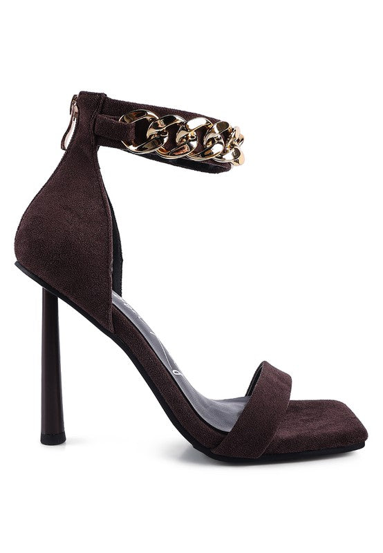 LAST SIP HEELED FAUX SUEDE CHAIN STRAP SANDAL - Undeniably LUXE