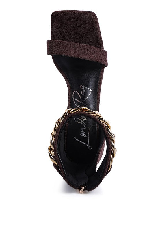 LAST SIP HEELED FAUX SUEDE CHAIN STRAP SANDAL - Undeniably LUXE