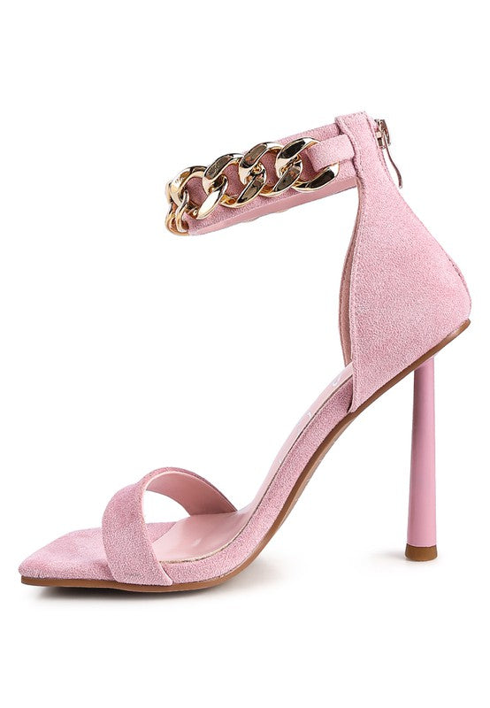 LAST SIP HEELED FAUX SUEDE CHAIN STRAP SANDAL - Undeniably LUXE