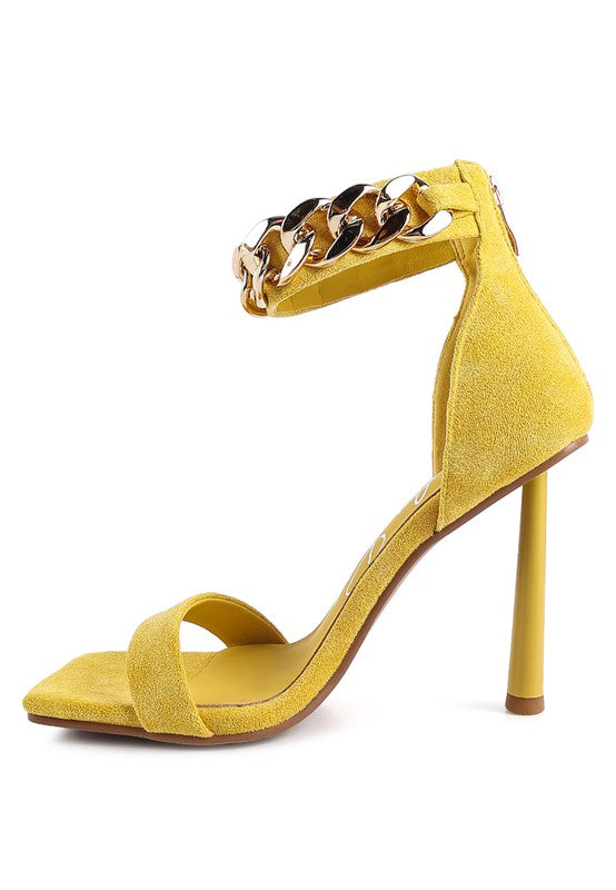 LAST SIP HEELED FAUX SUEDE CHAIN STRAP SANDAL - Undeniably LUXE