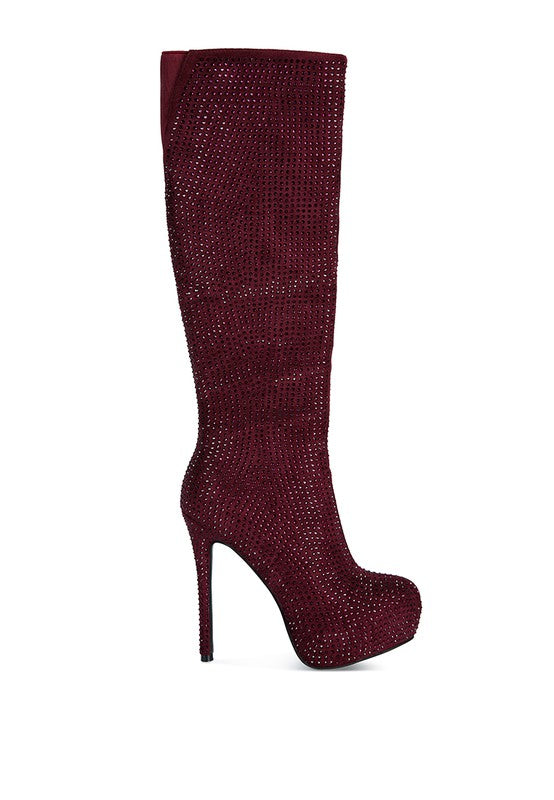 Dazzling Rhinestone Stiletto Calf Boots with Platform Heel