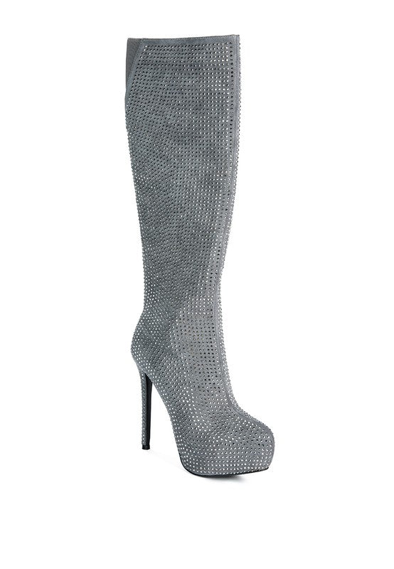 Dazzling Rhinestone Stiletto Calf Boots with Platform Heel