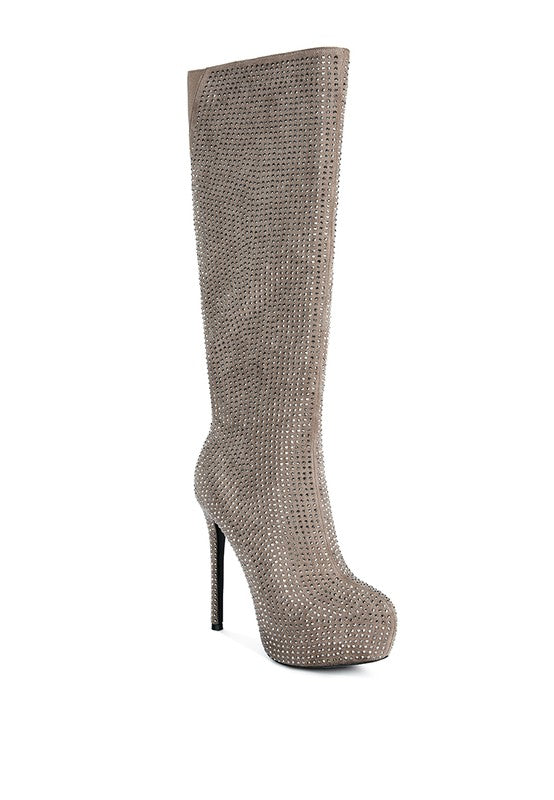 Dazzling Rhinestone Stiletto Calf Boots with Platform Heel