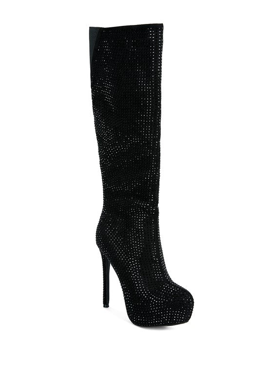 Dazzling Rhinestone Stiletto Calf Boots with Platform Heel