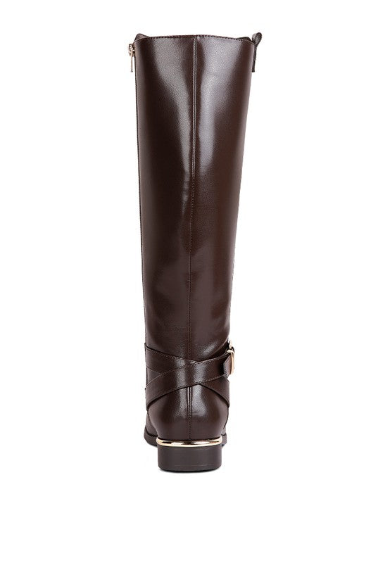 Chic Buckle-Embellished Calf Boots with Gold Sling Detail