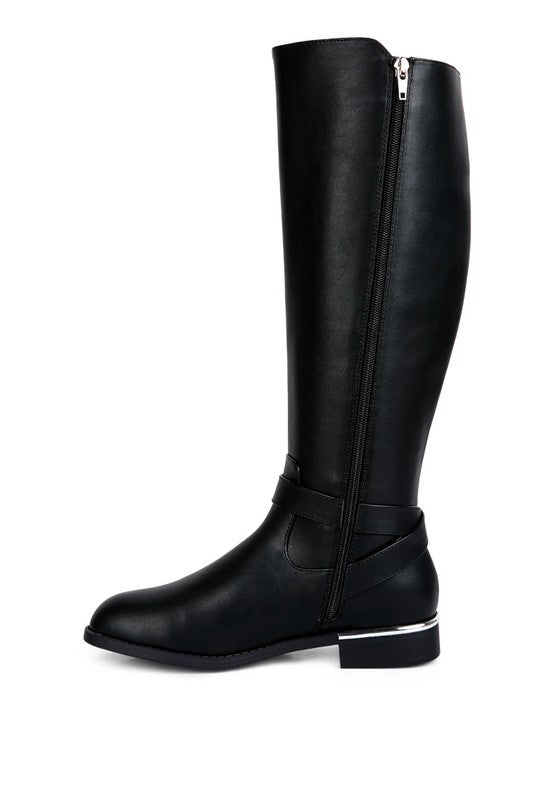 Chic Buckle-Embellished Calf Boots with Gold Sling Detail