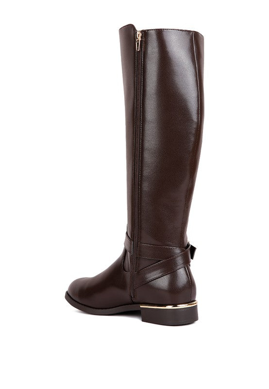 Chic Buckle-Embellished Calf Boots with Gold Sling Detail