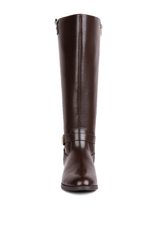 Chic Buckle-Embellished Calf Boots with Gold Sling Detail