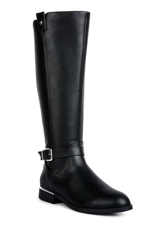 Chic Buckle-Embellished Calf Boots with Gold Sling Detail