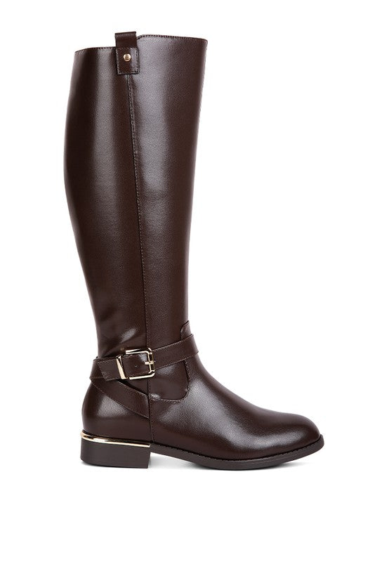 Chic Buckle-Embellished Calf Boots with Gold Sling Detail