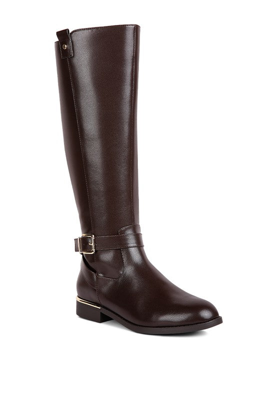 Chic Buckle-Embellished Calf Boots with Gold Sling Detail