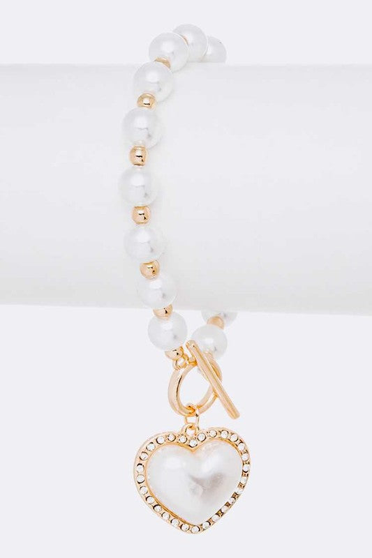 Faux Pearl Heart Pendant Toggle Bracelet - Undeniably LUXE