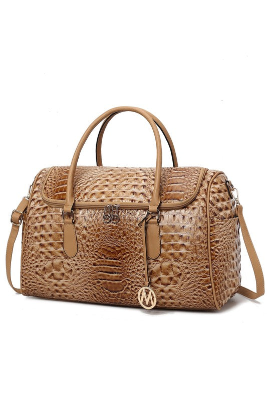 Chic Crocodile-Embossed Vegan Leather Travel Duffle Bag