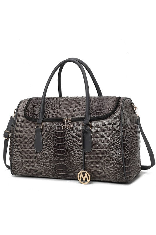 Chic Crocodile-Embossed Vegan Leather Travel Duffle Bag