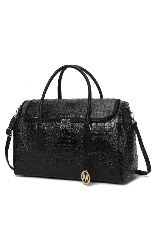 Chic Crocodile-Embossed Vegan Leather Travel Duffle Bag