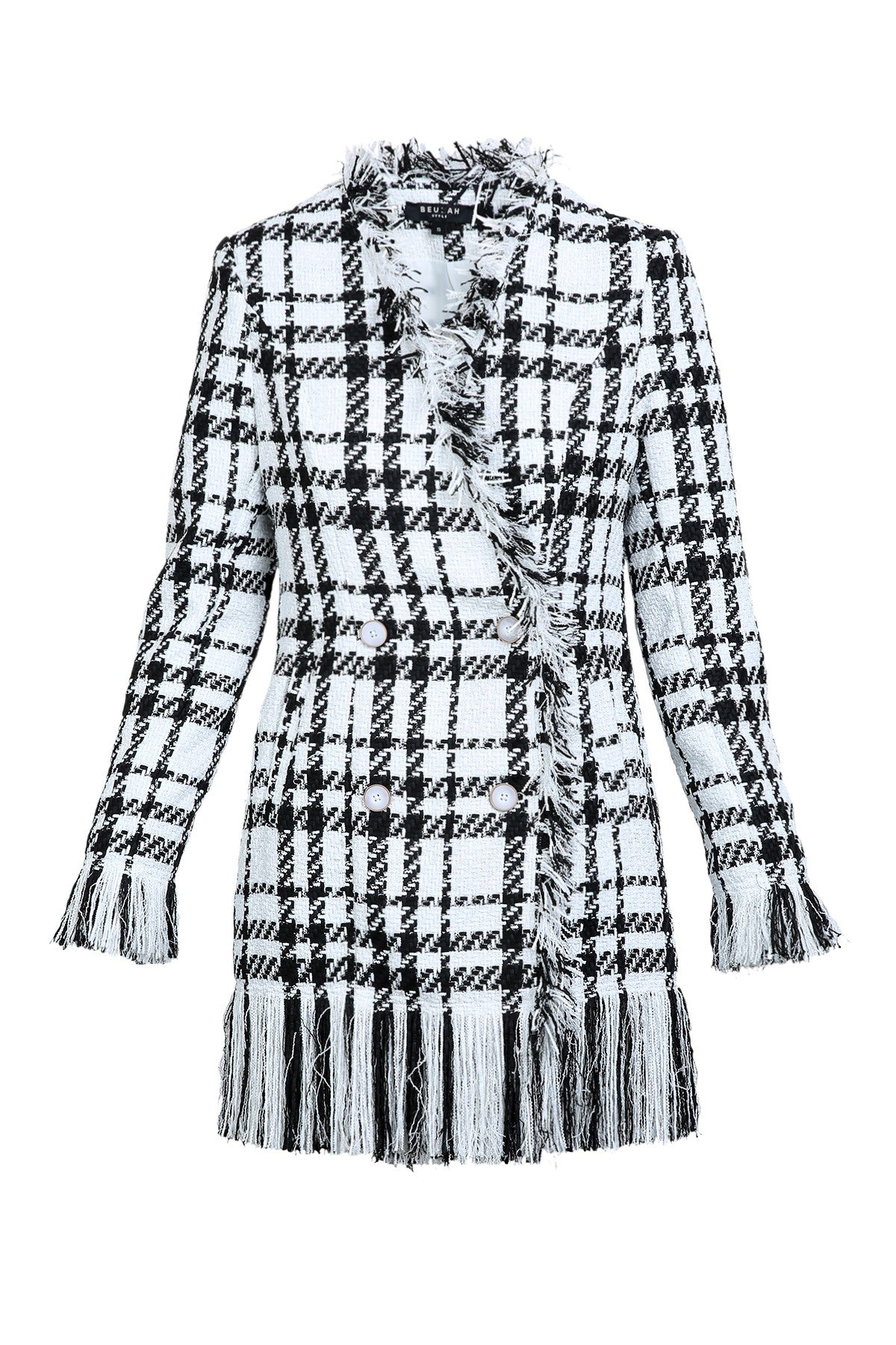 Plaid Tweed Fringe Trim Double Breasted Jacket - Undeniably LUXE