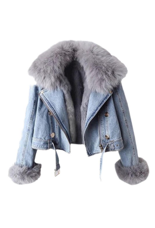 Luxe Denim Fur Trim Jacket