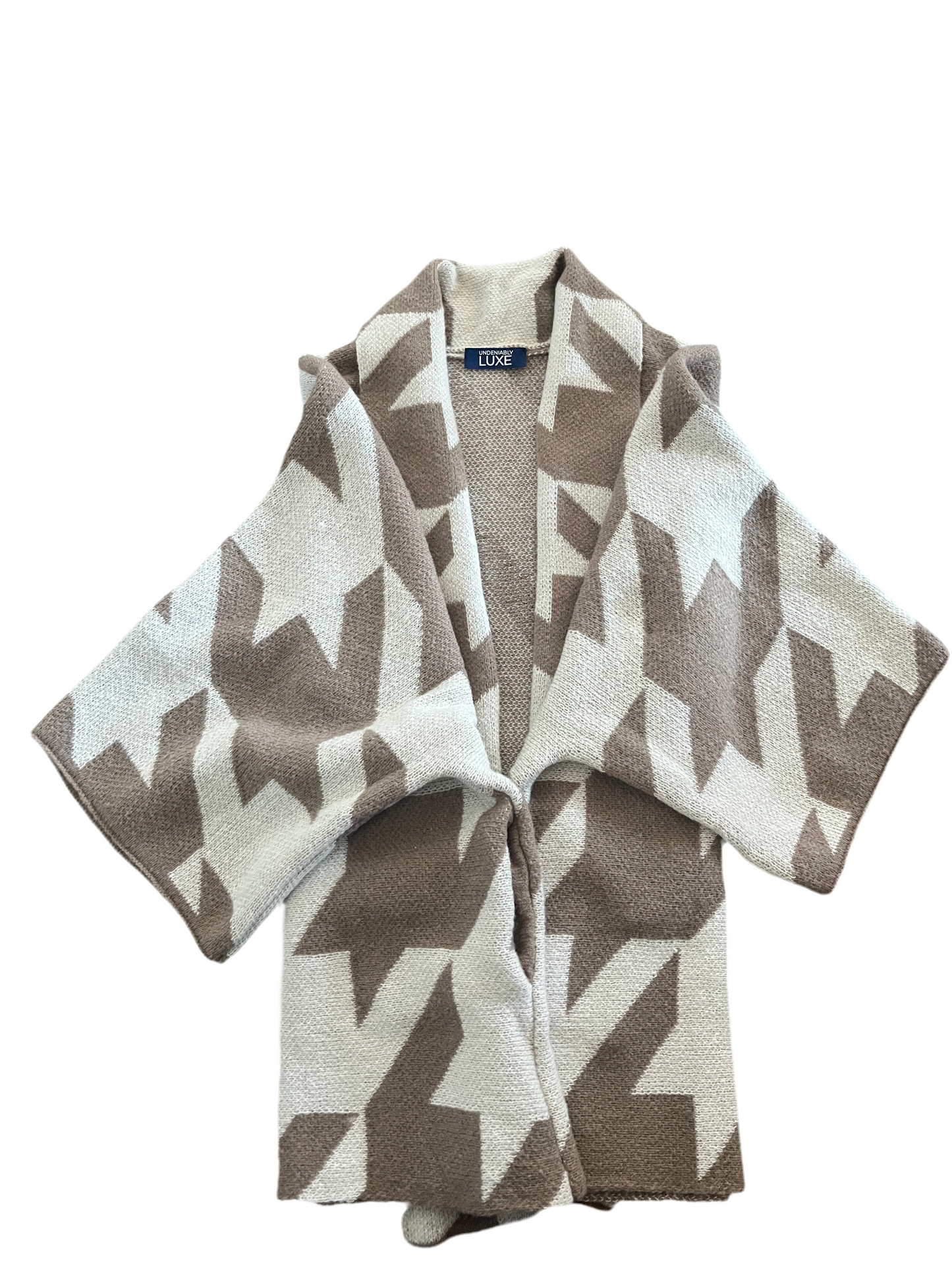 Beige Houndstooth Print Knit Cardigan