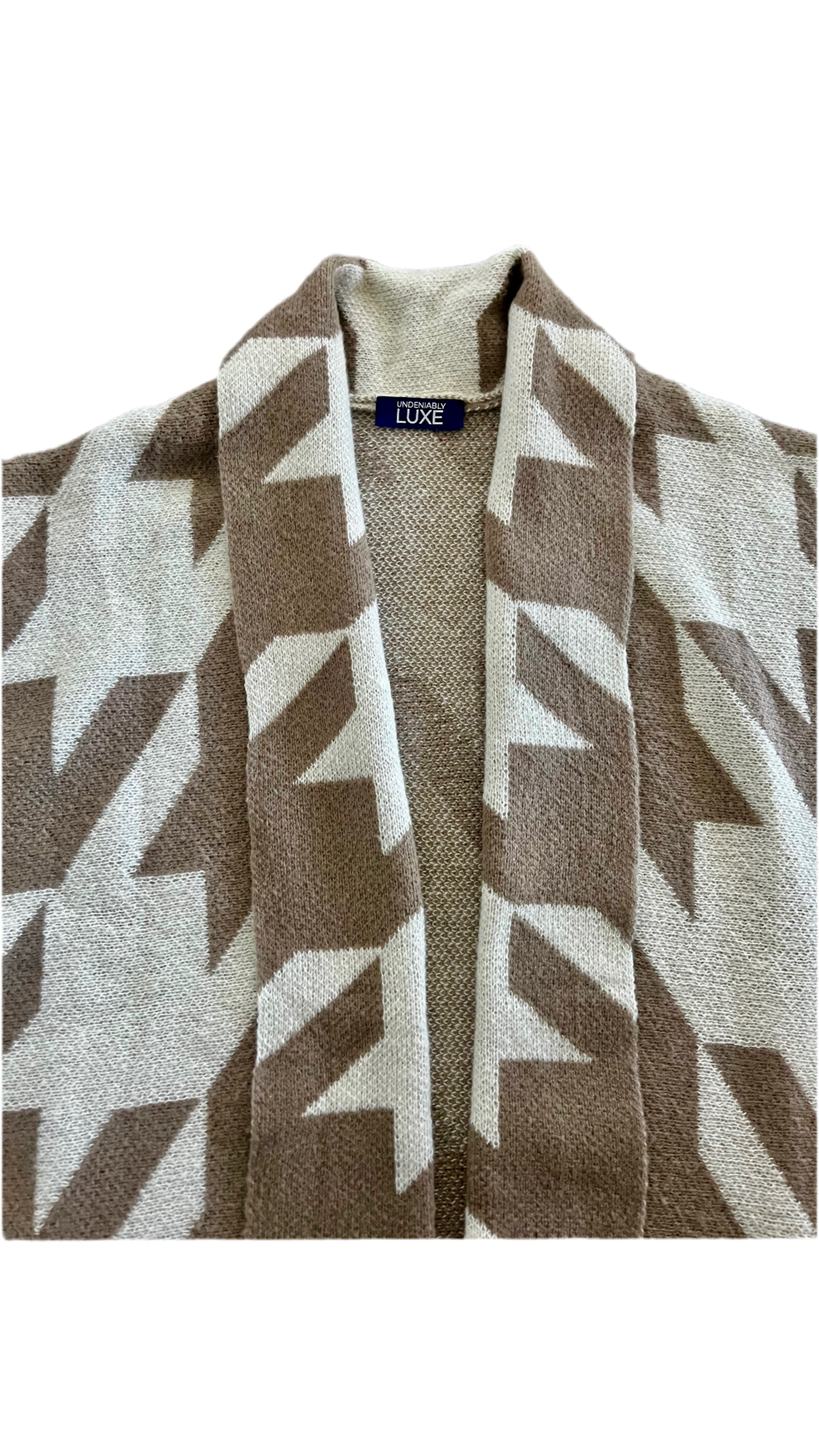 Beige Houndstooth Print Knit Cardigan